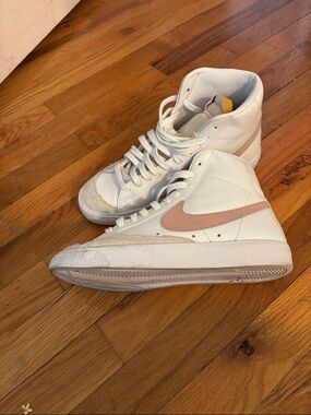 Nike White High-Top Sneakers with Beige Suede & pink Swoosh